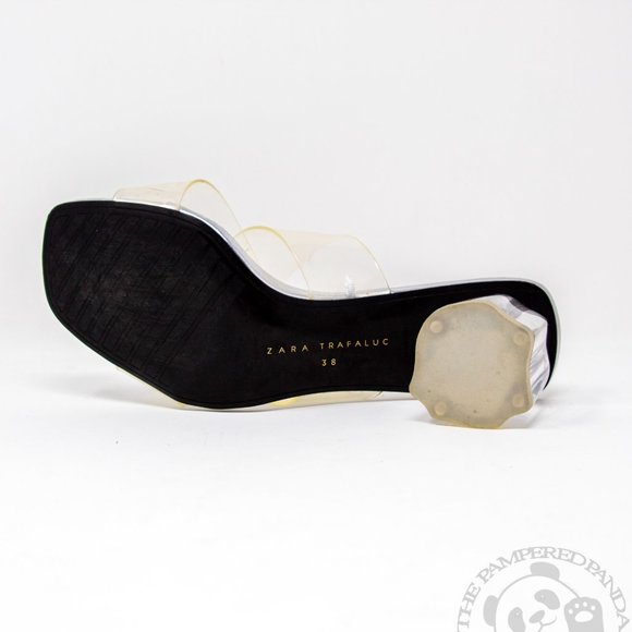 Zara Trafaluc Acrylic Block Heel Clear Silver Cross Strap Sandal Womens Size 38 - Picture 6 of 6